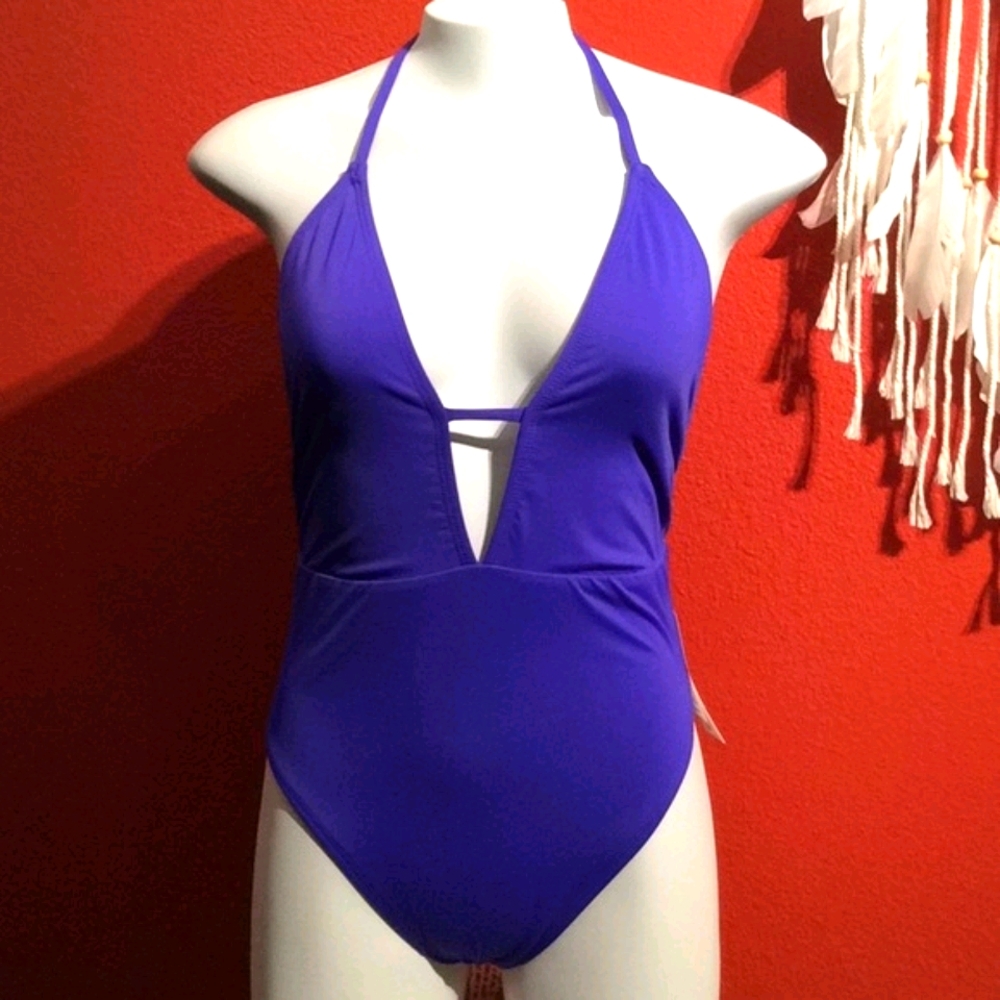 The Bikini Lab Rack Solid Plunge One-Piece Royal Blue Size Small NWT